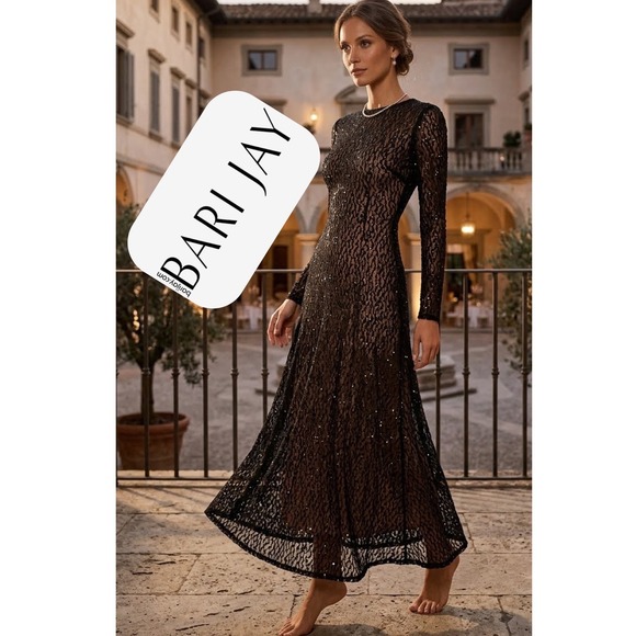 Bari Jay Dresses & Skirts - Bari Jay Vintage Black Sequin Lace Long Sleeve Evening Gown Maxi Dress Size 7-8